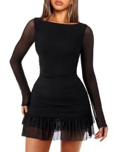 OZICERD Women Boat Neck Bodycon Mini Dresses Long Sleeve Going Out Dress Ruffle Mesh Short Elegant Club Cocktail Party Dress Black S