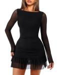 OZICERD Women Boat Neck Bodycon Mini Dresses Long Sleeve Going Out Dress Ruffle Mesh Short Elegant Club Cocktail Party Dress Black S