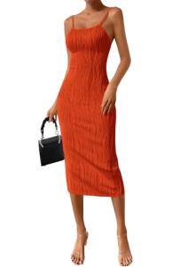 PRETTYGARDEN Women's 2025 Summer Sleeveless Bodycon Dress Textured Back Slit Sexy Cocktail Party Midi Dresses (Orange,Medium)