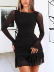 OZICERD Women Boat Neck Bodycon Mini Dresses Long Sleeve Going Out Dress Ruffle Mesh Short Elegant Club Cocktail Party Dress Black S