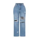 THUNDER STAR Womens High Waisted Wide Leg Jeans Stretchy Distressed Denim Pants Light Blue M