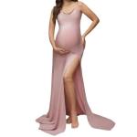 Pink Off-Shoulder Maternity Evening Gown with Slit