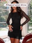 OZICERD Women Boat Neck Bodycon Mini Dresses Long Sleeve Going Out Dress Ruffle Mesh Short Elegant Club Cocktail Party Dress Black S