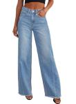 Sidefeel Women's Wide Leg Jeans High Waisted Stretchy Raw Hem Denim Pants Size 18 Light Blue