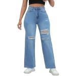 THUNDER STAR Womens High Waisted Wide Leg Jeans Stretchy Distressed Denim Pants Light Blue M
