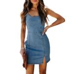 CULALZMI Sexy Jeans Denim Dresses for Women Racerback Bodycon Corset Tube Mini Dress Split Party Dress for Club Night Blue