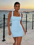 BORIFLORS Women's Sexy Bodycon Corset Mini Dresses Square Neck Ruched Sleeveless Club Party Short Dress, X-Small, Baby Blue