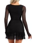 OZICERD Women Boat Neck Bodycon Mini Dresses Long Sleeve Going Out Dress Ruffle Mesh Short Elegant Club Cocktail Party Dress Black S