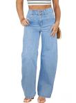 Eytino Plus Size Jeans for Curvy Women High Rise Straight Leg Stretchy Jeans Trendy Loose Wide Leg Denim Pants with Pockets,3X Iceland Blue