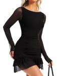 OZICERD Women Boat Neck Bodycon Mini Dresses Long Sleeve Going Out Dress Ruffle Mesh Short Elegant Club Cocktail Party Dress Black S