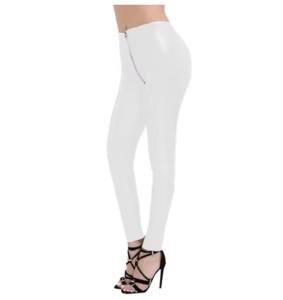 YYUANINGGY Matte PU Leather Elastic Waisted Bodycon Long Pants Full Zipper Open Crotch Pencil Women Legging Bottom Customizable,White,L