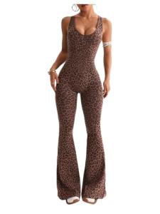 Verdusa Women's Cheetah Print Work Out Sets Yoga Jumpsuit Criss Cross Sleeveless Workout Clothes Flared Pants Jumpsuits Coffee Brown Medium