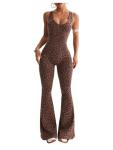 Verdusa Women's Cheetah Print Work Out Sets Yoga Jumpsuit Criss Cross Sleeveless Workout Clothes Flared Pants Jumpsuits Coffee Brown Medium