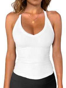 iGENJUN Workout Tops for Women Racerback Tank Tops 2026 Yoga Gym Ribbed Sleeveless Shirts Clothes,M,White