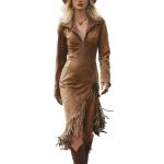 Laeuokie Women’s Western Fringe Midi Dress Faux Suede Half Zip V Neck Long Sleeve Cowgirl Boho Dress for Fall Winter (US, Alpha, Large, Regular, Regular, Dark Brown)