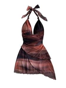 SOLY HUX Women's Y2K Summer Tie Dye Floral Print Halter Sexy Mini Dress Retro Backless Bodycon Birthday Dresses Brown Multi Large