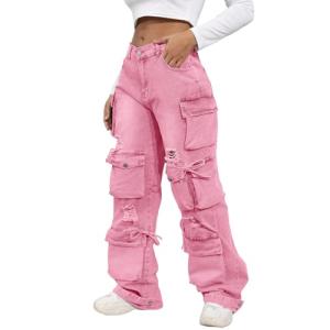 ThusFar Cargo Jeans for Women Y2K High Waisted Baggy Jeans Ripped Straight Wide Leg Denim Pants Streetwear Pink XXL