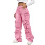 ThusFar Cargo Jeans for Women Y2K High Waisted Baggy Jeans Ripped Straight Wide Leg Denim Pants Streetwear Pink XXL
