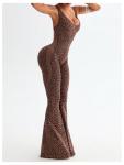 Verdusa Women's Cheetah Print Work Out Sets Yoga Jumpsuit Criss Cross Sleeveless Workout Clothes Flared Pants Jumpsuits Coffee Brown Medium