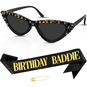 Chanaco Birthday Sash for Women Birthday Baddie Sunglasses Party Decorations Black and Gold Party Dress for Girls Gifts Accessories Outfit