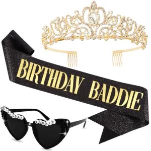 KICOSY 3PCS Birthday Baddie Sunglasses, Sash and Crown - Funny Baddie Outfits - Ultimate Birthday Party Accessories Bundle