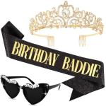 KICOSY 3PCS Birthday Baddie Sunglasses, Sash and Crown - Funny Baddie Outfits - Ultimate Birthday Party Accessories Bundle