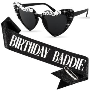 CUBACO Birthday Baddie Sash and Sunglasses for Women, Birthday Girl Outfit Suitable 21st 25th 30th 40th 50th 60th Women Accessories Pins for Party Decoration Favors Supplies