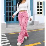 ThusFar Cargo Jeans for Women Y2K High Waisted Baggy Jeans Ripped Straight Wide Leg Denim Pants Streetwear Pink XXL