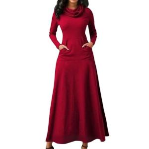 Zaswen Womens Long Sleeve Waist-Hugging A Line Dress 2025 New Turtleneck Maxi Dresses Muffler Neck Floor Length Long Dress Color05 M