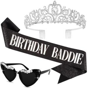 KICOSY 3PCS Birthday Baddie Sash, Crystal Crown and Sunglasses - Funny Baddie Outfits - Ultimate Birthday Party Accessories Bundle