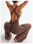 Verdusa Women's Cheetah Print Work Out Sets Yoga Jumpsuit Criss Cross Sleeveless Workout Clothes Flared Pants Jumpsuits Coffee Brown Medium
