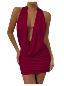SOLY HUX Women's Sexy Deep V Neck Halter Bodycon Mini Dress Sleeveless Party Club Dresses Solid Burgundy Small