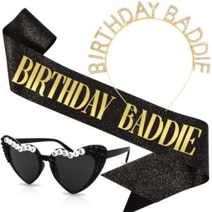Chanaco Birthday Sash Headband for Women Birthday Baddie Crown Heart Sunglasses Party Decorations Girls Party Dress Gifts Accessories Outfit