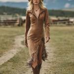 Laeuokie Women’s Western Fringe Midi Dress Faux Suede Half Zip V Neck Long Sleeve Cowgirl Boho Dress for Fall Winter (US, Alpha, Large, Regular, Regular, Dark Brown)