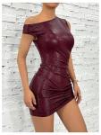 Milumia Women's Off Shoulder Pu Leather Mini Dress Sexy Drawstring Ruched Party Club Short Dresses Burgundy Small