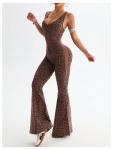 Verdusa Women's Cheetah Print Work Out Sets Yoga Jumpsuit Criss Cross Sleeveless Workout Clothes Flared Pants Jumpsuits Coffee Brown Medium