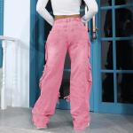 ThusFar Cargo Jeans for Women Y2K High Waisted Baggy Jeans Ripped Straight Wide Leg Denim Pants Streetwear Pink XXL