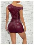 Milumia Women's Off Shoulder Pu Leather Mini Dress Sexy Drawstring Ruched Party Club Short Dresses Burgundy Small