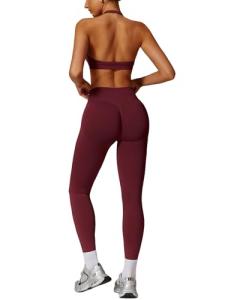 ABOCIW Workout Sets for Women Seamless High Waist Scrunch Butt Lifting Gym Leggings Yoga Pants Halter Sports Bra Yoga Exercise 2 Piece Outfits Burgendy Red Small