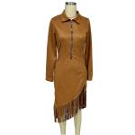 Laeuokie Women’s Western Fringe Midi Dress Faux Suede Half Zip V Neck Long Sleeve Cowgirl Boho Dress for Fall Winter (US, Alpha, Large, Regular, Regular, Dark Brown)