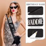 KICOSY 3PCS Birthday Baddie Sash, Crystal Crown and Sunglasses - Funny Baddie Outfits - Ultimate Birthday Party Accessories Bundle