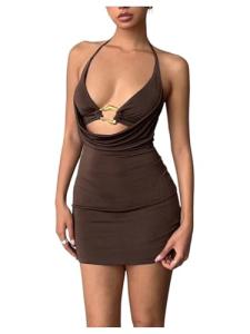 SOLY HUX Women's Halter Mini Dress Draped Front Sexy Deep V Neck Sleeveless Backless Bodycon Party Dresses Solid Coffee Brown Small