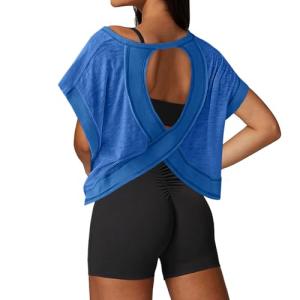 UNIANKIYA Open Back Workout Tops for Women Loose Fit Athletic Crop Tee Short Sleeve Gym Running Yoga Shirt Blue