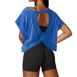UNIANKIYA Open Back Workout Tops for Women Loose Fit Athletic Crop Tee Short Sleeve Gym Running Yoga Shirt Blue