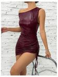 Milumia Women's Off Shoulder Pu Leather Mini Dress Sexy Drawstring Ruched Party Club Short Dresses Burgundy Small