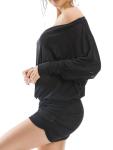 Best Rose Loose Fit Sheer Dress Batwing Off The Shoulder Long Sleeve Mini Ruched Oversized Casual Streetwear Sexy Dress (Black, Medium)
