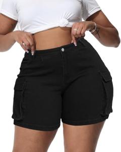Gocolloa Women Plus Size Jean Shorts Stretchy Curvy Cargo Shorts High Waisted Streetwear Denim Shorts with Pockets Black 20W