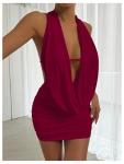 SOLY HUX Women's Sexy Deep V Neck Halter Bodycon Mini Dress Sleeveless Party Club Dresses Solid Burgundy Small