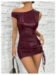 Milumia Women's Off Shoulder Pu Leather Mini Dress Sexy Drawstring Ruched Party Club Short Dresses Burgundy Small