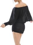 Best Rose Loose Fit Sheer Dress Batwing Off The Shoulder Long Sleeve Mini Ruched Oversized Casual Streetwear Sexy Dress (Black, Medium)